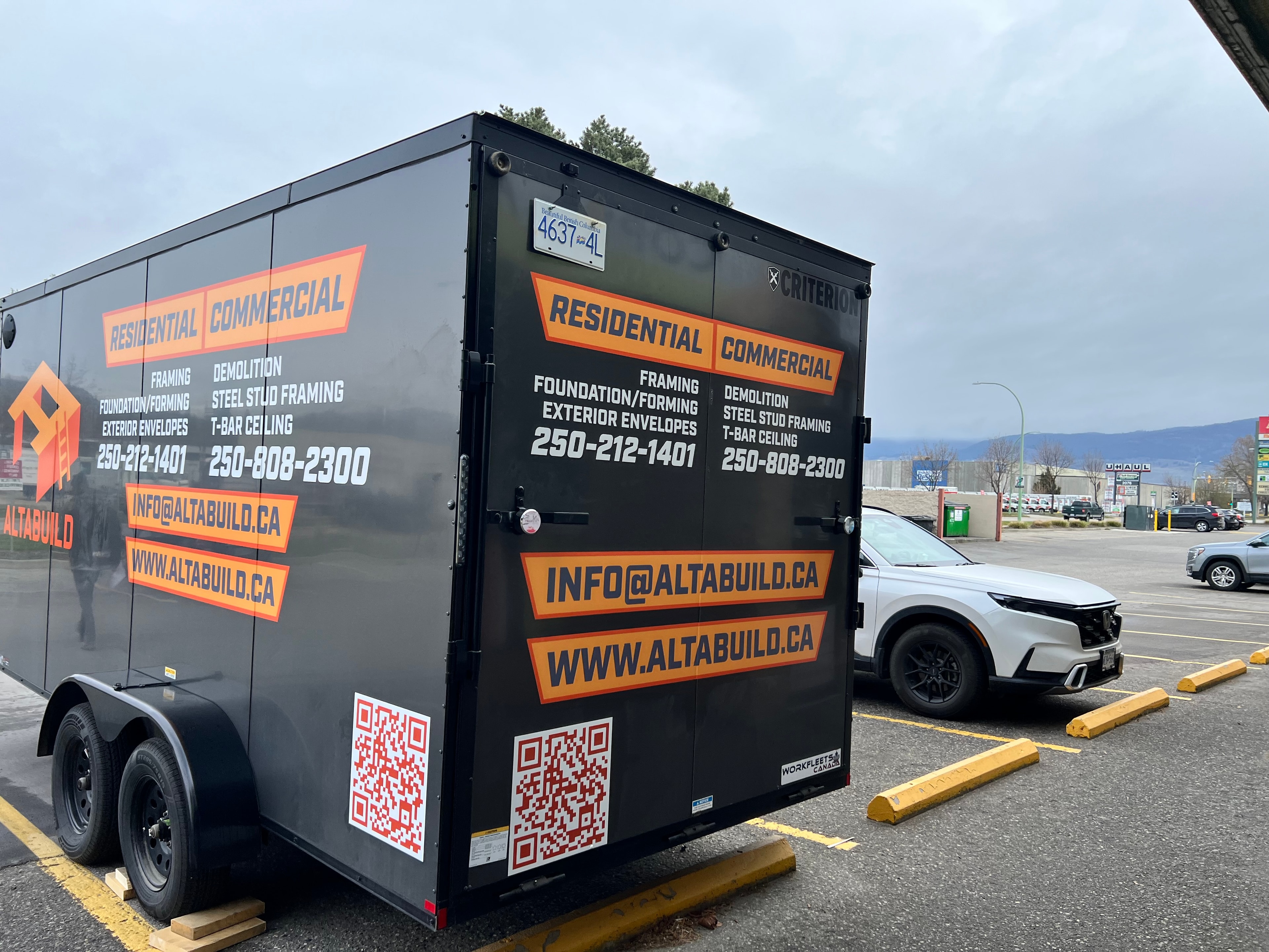 Alta Build trailer decal — rear doors with full branding and QR codes